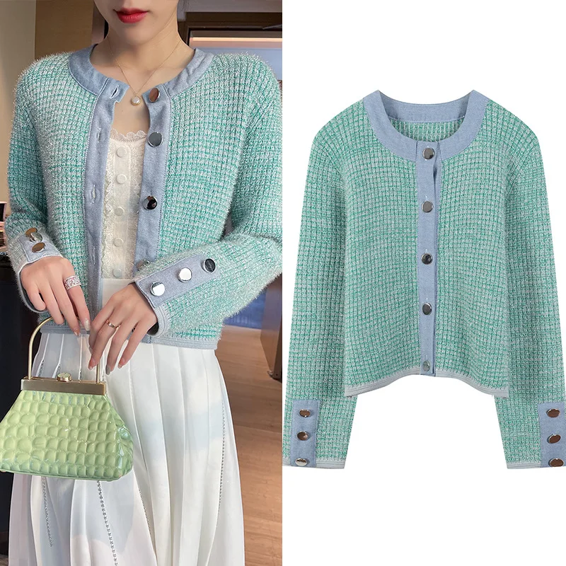 O-Neck Luxury Fashion Denim Stitching Knitted Cardigan Women's Long-Sleeved Jacket Sweater Korean Trend Spring Summer 2021 New
O-Neck Luxury Fashion Denim Stitching Knitted Cardigan Women's Long-Sleeved Jacket Sweater Korean Trend Spring Summer 2021 New