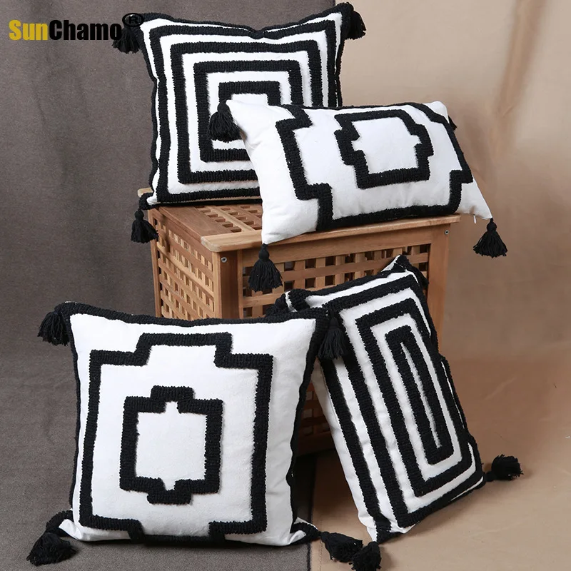 Black White Geometric Embroidery Cushion Cover 45x45cm/30x50cm Tassels Bed Room Sofa Decoration Pillow Cover
Black White Geometric Embroidery Cushion Cover 45x45cm/30x50cm Tassels Bed Room Sofa Decoration Pillow Cover