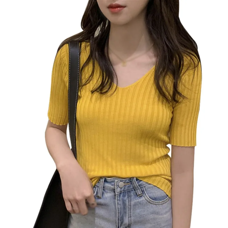 Short Sleeve T-Shirt For Women Summer Korean Style Fashion Wild Ice Silk Knit V-NeckTops
Short Sleeve T-Shirt For Women Summer Korean Style Fashion Wild Ice Silk Knit V-NeckTops