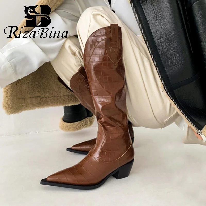 

RIZABINA Women Real Leather Mid Calf Boots Shoes Western Boots Pointed Toe Thick Heels Slip On Stone Pattern Footwear Size 34-40