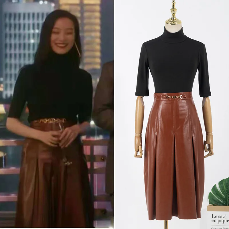 

Kpop IU Seo Yea Ji Korean High Neck Half Sleeves Slim Black T-Shirt Tops + High Waist PU Leather Long Skirts Women Two-Piece Set