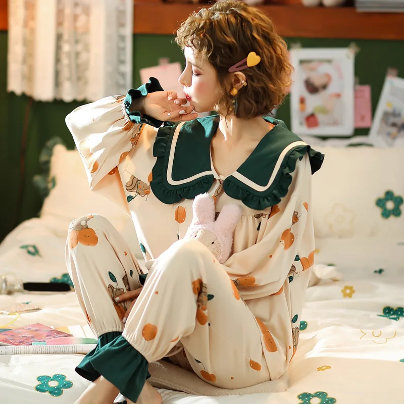 XIFER Pajamas Women Spring Autumn Lapel Cardigan Long-sleeved Pajamas 2PCS Doll Collar Ladies Combed Cotton Home Casual clothes
XIFER Pajamas Women Spring Autumn Lapel Cardigan Long-sleeved Pajamas 2PCS Doll Collar Ladies Combed Cotton Home Casual clothes