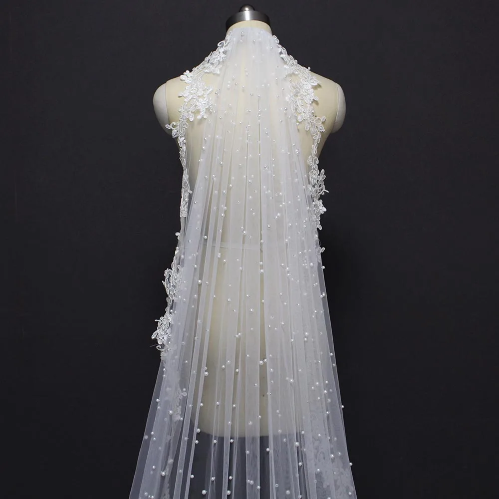 Высокое качество жемчуг свадебная фата с кружевной аппликацией Платье для