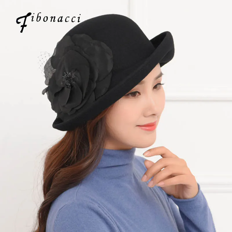 

Fibonacci 2019 New Autumn Winter Hat Big Floral Female Irregular Brim Fedoras Wool Felt Dome Bowler Women Fedora Hats