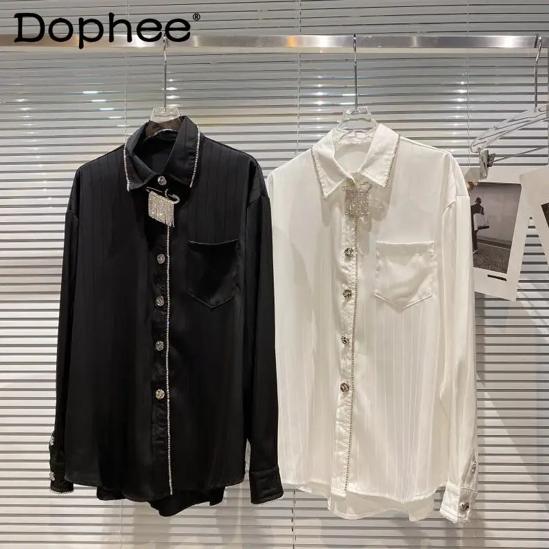 2021 Spring Autumn New Fashion Rhinestone Tassel Brooch Edge Shirt Women's Striped Pocket Single-Breasted Blouse Blusas Mujer
2021 Spring Autumn New Fashion Rhinestone Tassel Brooch Edge Shirt Women's Striped Pocket Single-Breasted Blouse Blusas Mujer