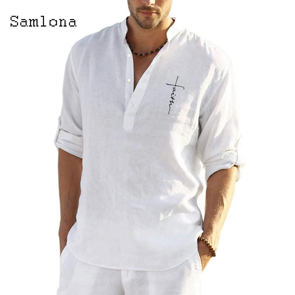 Samlona Long Sleeve Shirt Linen Tops Sexy Men clothing 2021 Summer Letter Print Casual Pullover Single-breasted Sexy Mens Blouse
Samlona Long Sleeve Shirt Linen Tops Sexy Men clothing 2021 Summer Letter Print Casual Pullover Single-breasted Sexy Mens Blouse