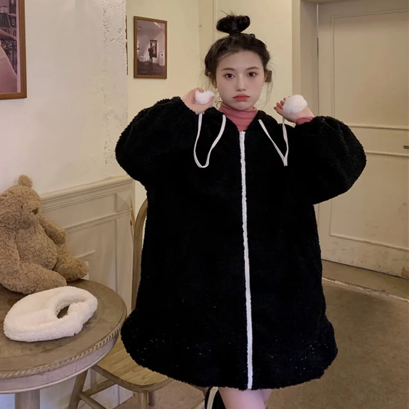College style loose rabbit ears hooded thickened faux lamb fur mid-length coat
College style loose rabbit ears hooded thickened faux lamb fur mid-length coat
