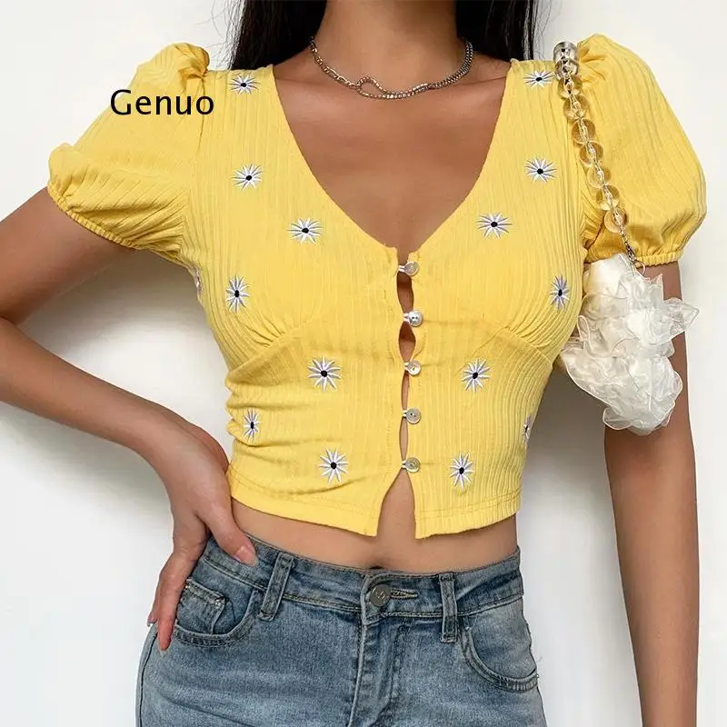 V Neck Buttons Short Sleeve Crop Top t Shirt Ladies Embroidery Floral Elegant Vintage T-Shirt Women Summer Casual
V Neck Buttons Short Sleeve Crop Top t Shirt Ladies Embroidery Floral Elegant Vintage T-Shirt Women Summer Casual