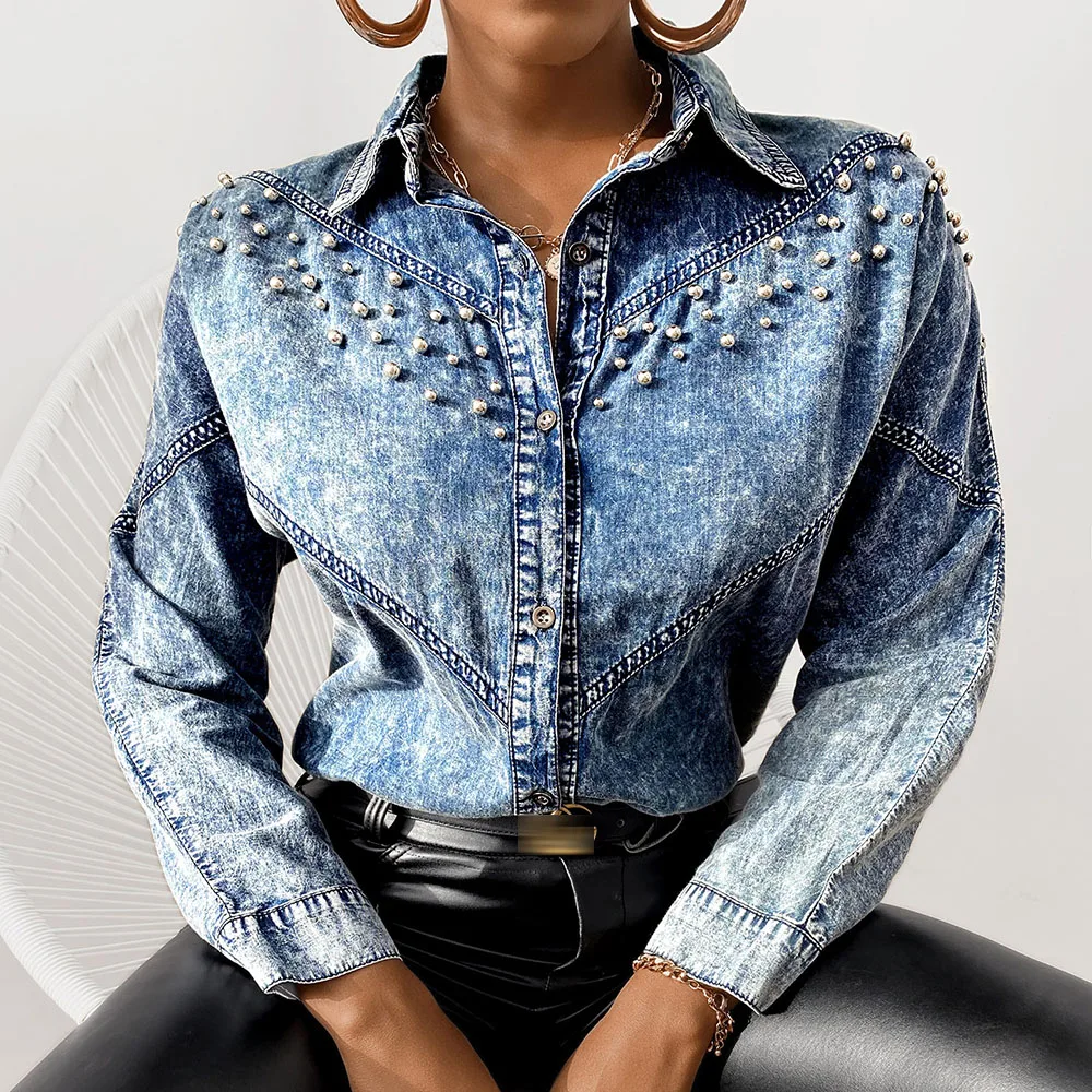 

Женская однобортная ковбойская блузка, в европейском и американском ретро стиле, с отложным воротником, длинным рукавом, с бисером, осень 2021