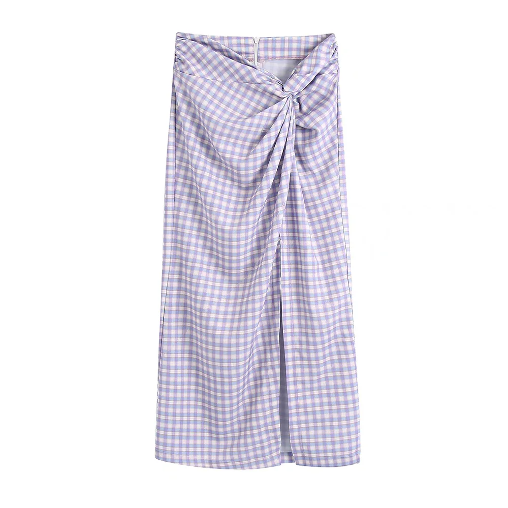 

Skirts Womens 2022 High Waist Kont Casual Gingham Check Midi Skirt Summer Clothes For Women Sexy Front Slit Elegant Pencil Skirt