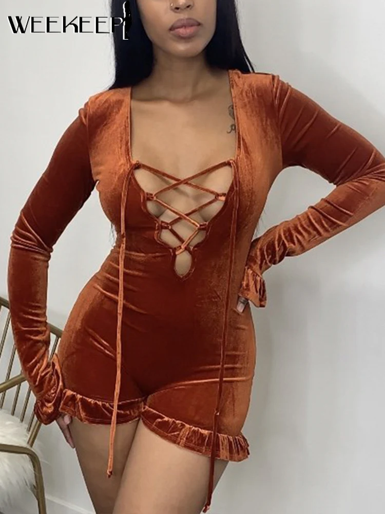 Weekeep Elegant Ruffle Playsuits Women Sexy Bandage Hollow Out Deep V Neck Long Sleeve Club Party Bodycon Velvet Rompers Vintage
Weekeep Elegant Ruffle Playsuits Women Sexy Bandage Hollow Out Deep V Neck Long Sleeve Club Party Bodycon Velvet Rompers Vintage