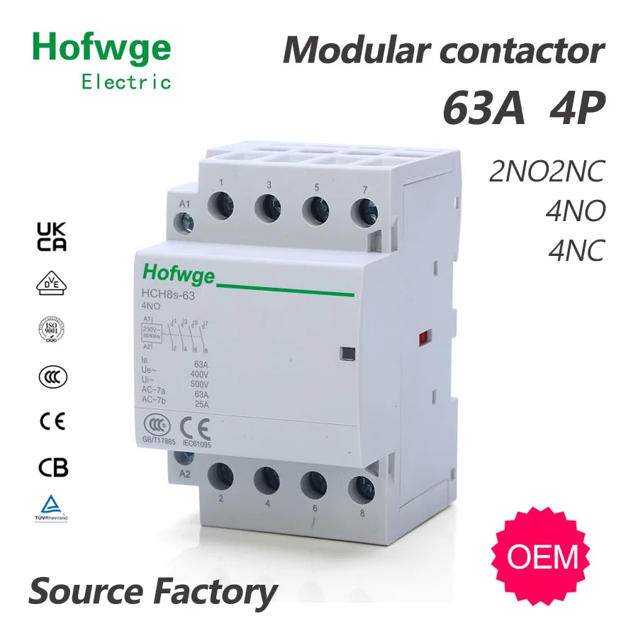 

HCH8s-63 40A 100A Modular Contactor 4P 63A 4NO 4NC 2NO2NC 220V 110V 24V Automatic Household Contactor Din Rail Type iCT 50/60Hz