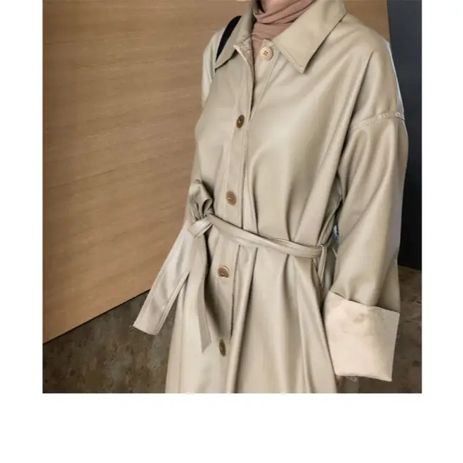 Handsome and cool personality long leather coat women's loose and thin lace up Pu fur windbreaker coat
Handsome and cool personality long leather coat women's loose and thin lace up Pu fur windbreaker coat