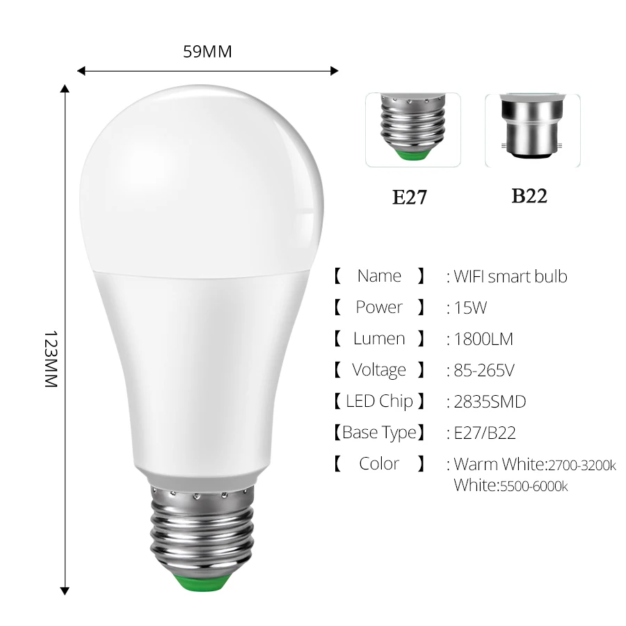 B22 E27 LED Smart Lamp WiFi Bulb 15W Smart Light Bulb Dimmable APP Remote Control Works With Alexa Google Home No Hub Required
B22 E27 LED Smart Lamp WiFi Bulb 15W Smart Light Bulb Dimmable APP Remote Control Works With Alexa Google Home No Hub Required