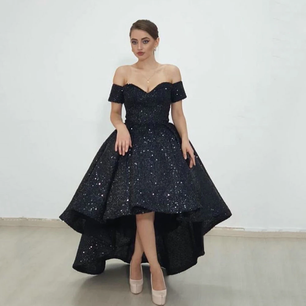 Sparkly Black High Low Prom Dress Sexy Off Shoulder Formal Sequin Short Evening Party Gown Saudi Arbia Lady Gala Dress
Sparkly Black High Low Prom Dress Sexy Off Shoulder Formal Sequin Short Evening Party Gown Saudi Arbia Lady Gala Dress