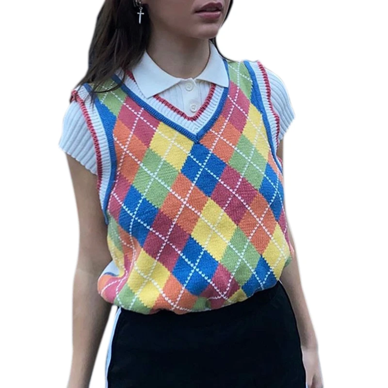 Women Preppy Style Knitted Sleeveless Vest Rainbow Colorful Rhombus Plaid Sweater V-Neck Loose Pullover Jumper Tank Tops
Women Preppy Style Knitted Sleeveless Vest Rainbow Colorful Rhombus Plaid Sweater V-Neck Loose Pullover Jumper Tank Tops