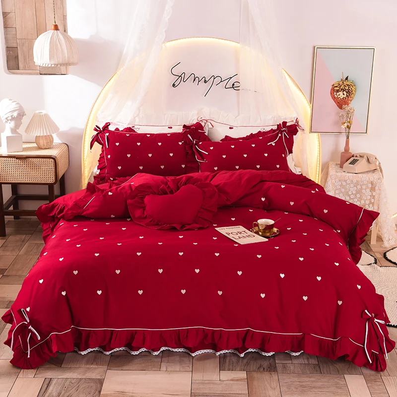 Cotton Wedding Home Bedding Set Red Pink Sweet Princess Style Bed Skirt Pillowcase Duvet Cover
Cotton Wedding Home Bedding Set Red Pink Sweet Princess Style Bed Skirt Pillowcase Duvet Cover