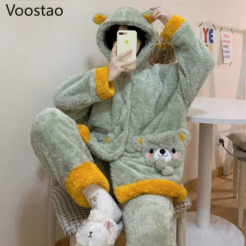 Autumn Winter Women Cute Bear Ears Hooded Pajamas Set Warm Coral Fleece Kawaii Homewear Sleepwear Girls Sweet Lounge Pyjamas
Autumn Winter Women Cute Bear Ears Hooded Pajamas Set Warm Coral Fleece Kawaii Homewear Sleepwear Girls Sweet Lounge Pyjamas