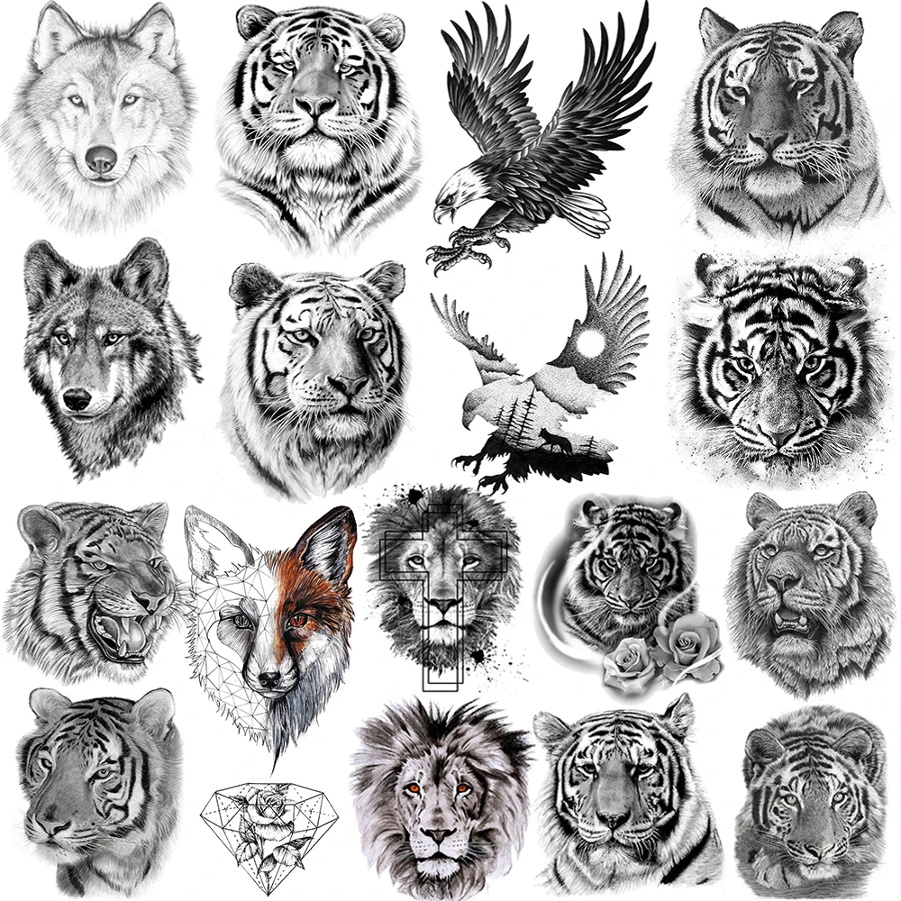 

Временные татуировки для мужчин и женщин, животные, тигр, лось, лиса, волк, Орел, имитация тату-наклейки, тату совы, цветов, Скорпиона, короля, ...