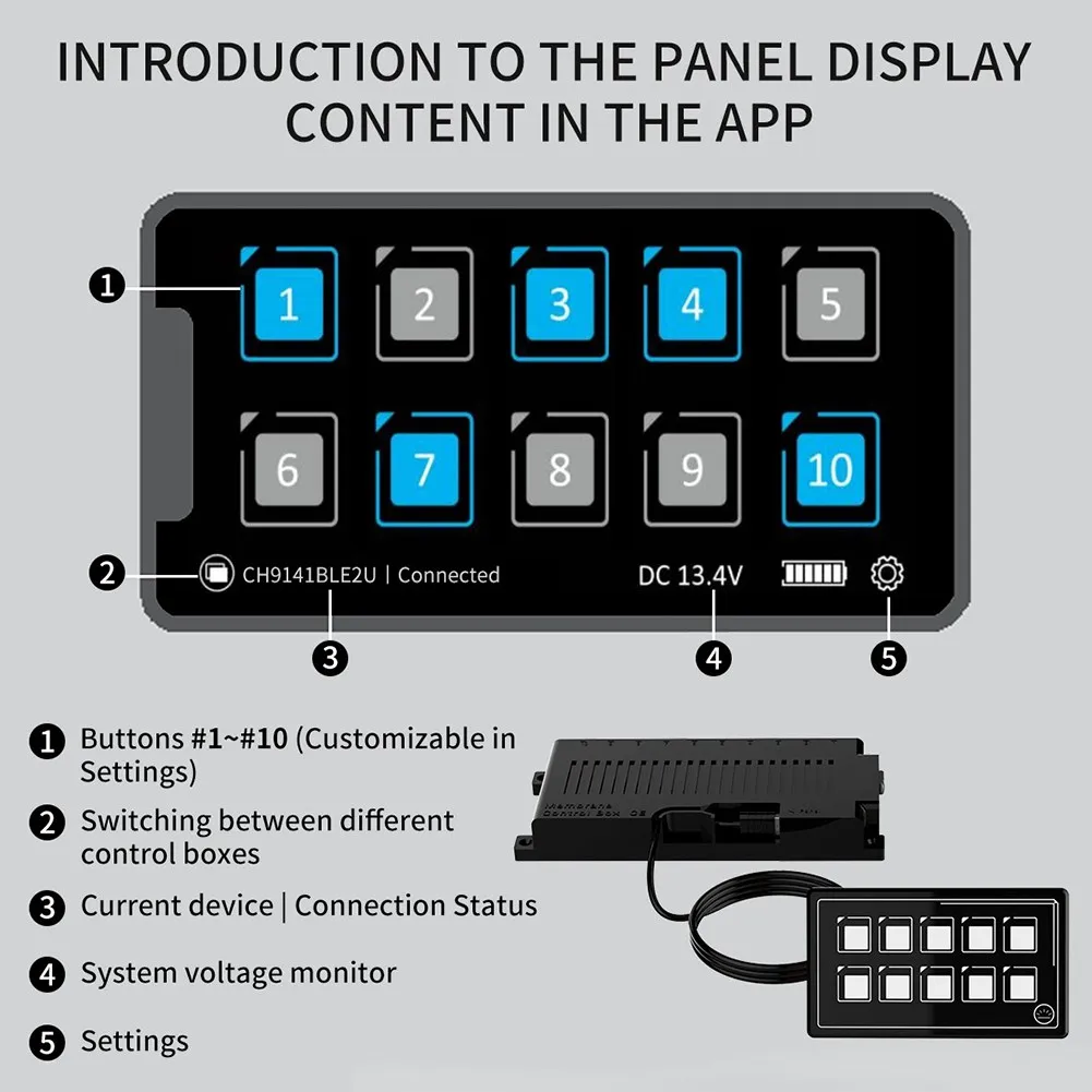 Yacht 10-way Panel ≥10 Meters 10-Position Button 524g 5MM M5 Stud Modification Switch Panel APP Control Bluetooth
Yacht 10-way Panel ≥10 Meters 10-Position Button 524g 5MM M5 Stud Modification Switch Panel APP Control Bluetooth
