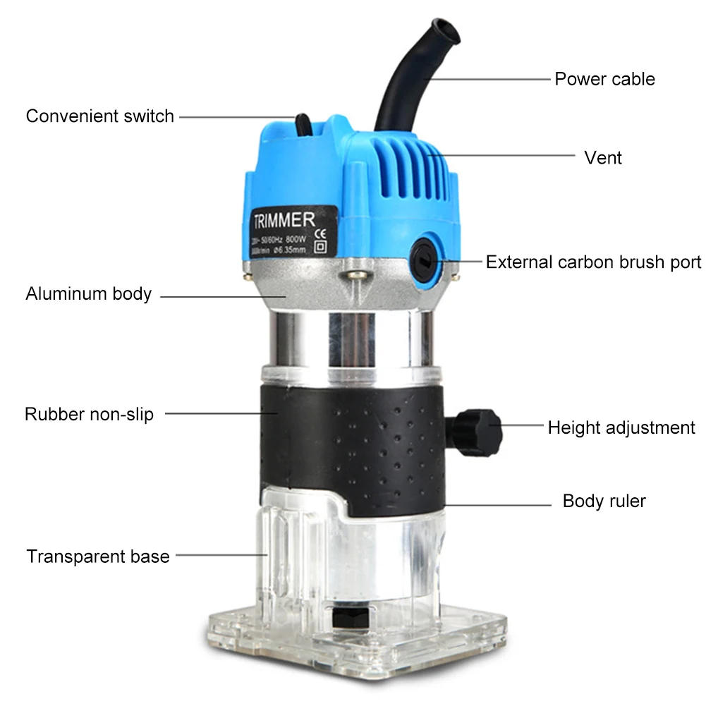 Electric Trimmer 220V 800W Wood Hand Router 30000RPM Milling Engraving Slotting Trimming Machine Hand Carving Tool Woodworking
Electric Trimmer 220V 800W Wood Hand Router 30000RPM Milling Engraving Slotting Trimming Machine Hand Carving Tool Woodworking