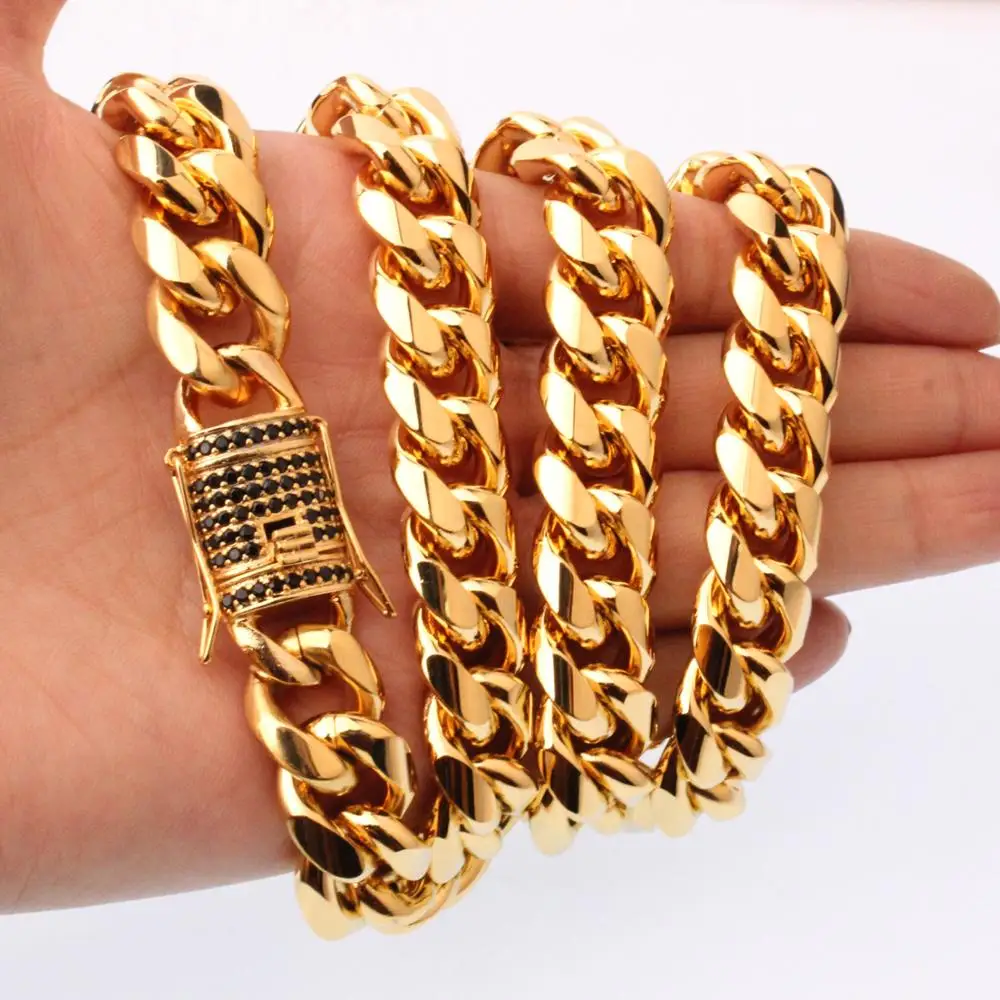 Elegant Stainless Steel Black Crystal Gold Tone Miami Cuban Curb Chain Men's Women's Necklace Or Bracelet Jewelry 15mm 7-40"
Elegant Stainless Steel Black Crystal Gold Tone Miami Cuban Curb Chain Men's Women's Necklace Or Bracelet Jewelry 15mm 7-40"
