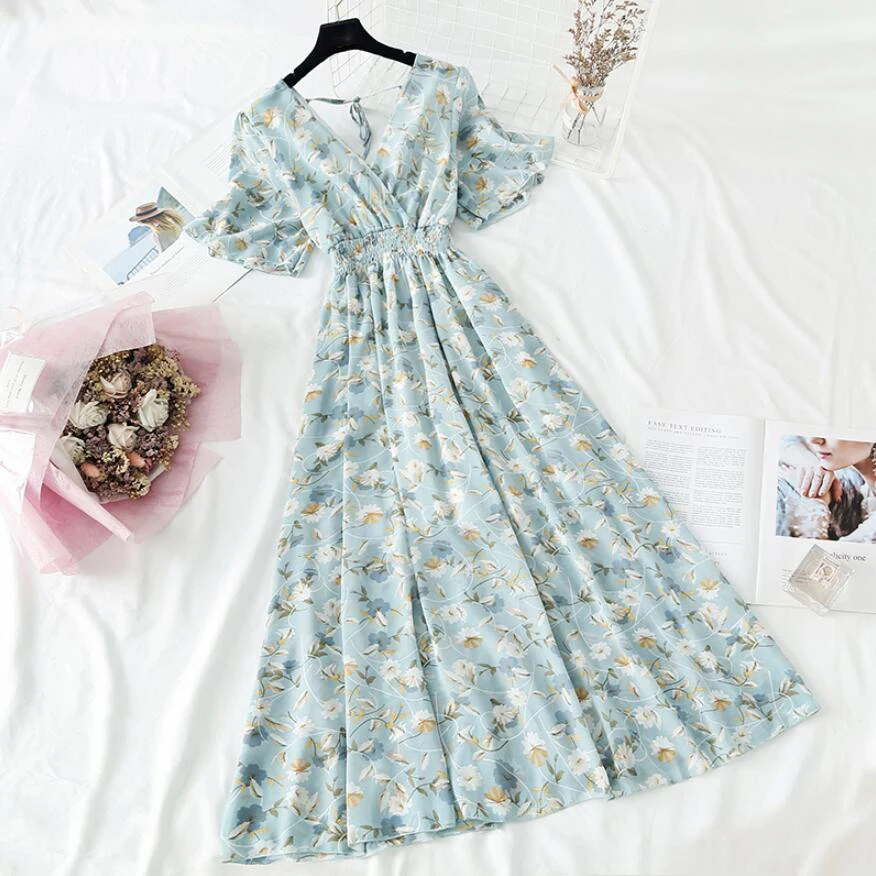2021 Summer Women Ruffled Short-sleeved Chiffon Dress V-neck High Waist Floral Print Beach Midi Dresses Backless Sexy Vestidos
2021 Summer Women Ruffled Short-sleeved Chiffon Dress V-neck High Waist Floral Print Beach Midi Dresses Backless Sexy Vestidos