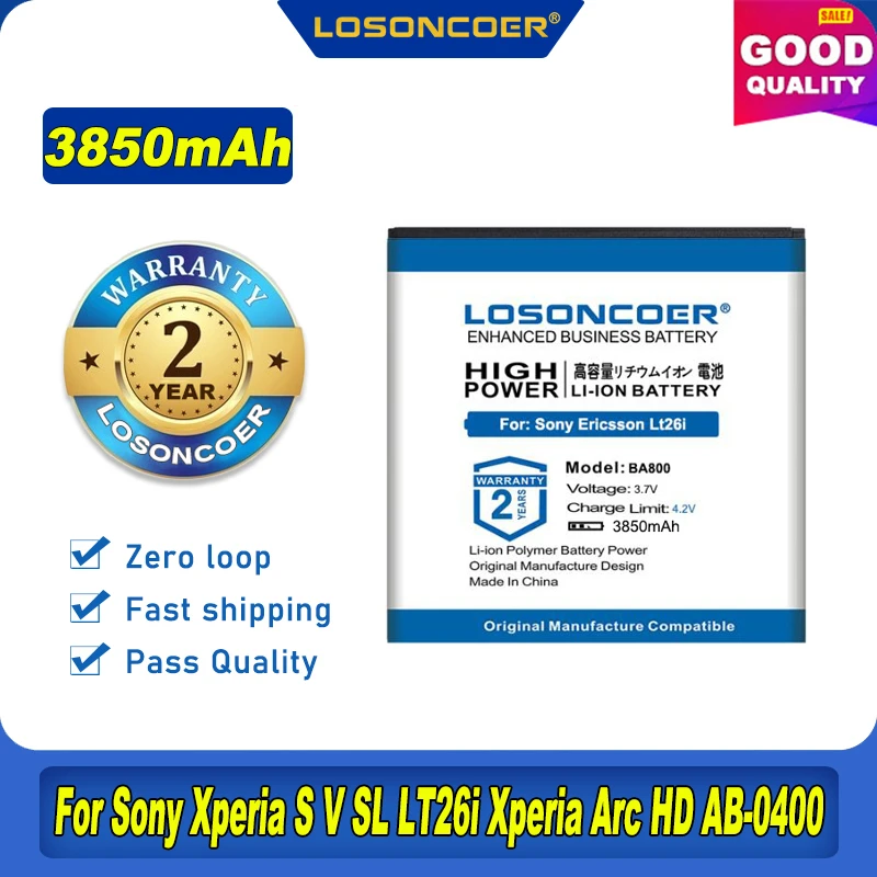 100% Оригинальный аккумулятор LOSONCOER 3850 мАч BA800 для Sony Xperia S LT25i V LT26i Arc HD LT25C LT26 AB-0400 |