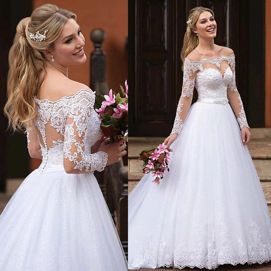 Exquisite Tulle Off-the-shoulder Neckline A-line Wedding Dresses With Lace Appliques Bridal Dress Long Sleeves Wedding Gown
Exquisite Tulle Off-the-shoulder Neckline A-line Wedding Dresses With Lace Appliques Bridal Dress Long Sleeves Wedding Gown