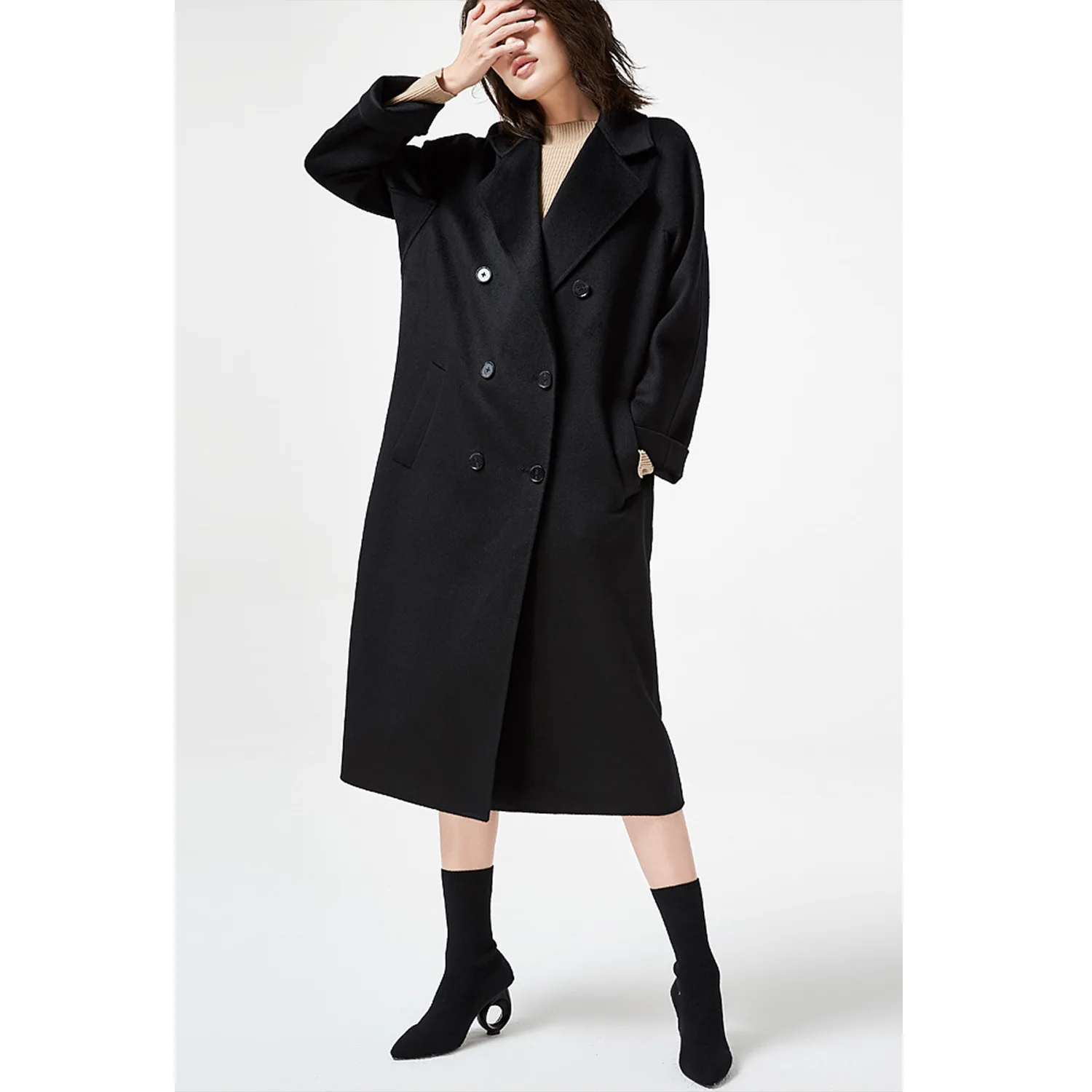 Loose and Comfortable Wool Classic Double Side Cashmere Coat Water Ripple European and American Cashmere Overcoat Women's 7223