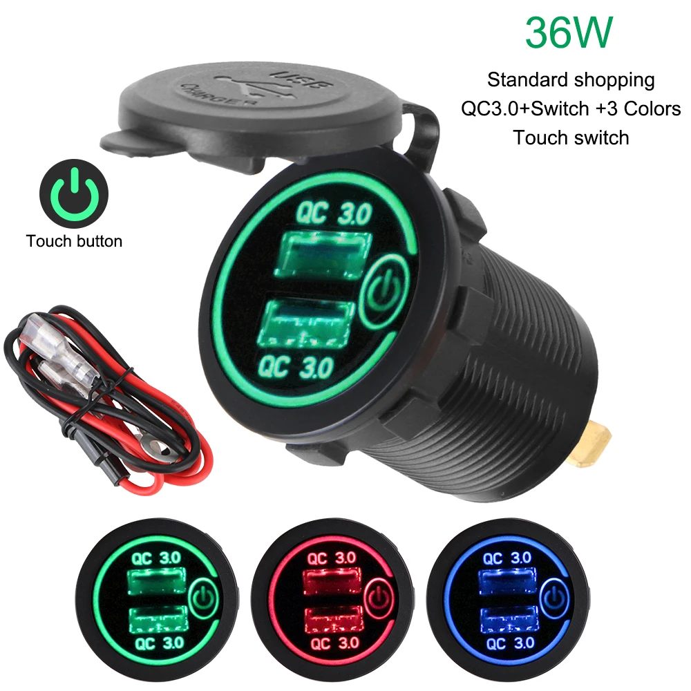 

Motorcycle Quick Charger Dual USB Charger Socket LED Display with Caps QC 3.0 36W Touch Switch for Car Truck ATV DVR GPS