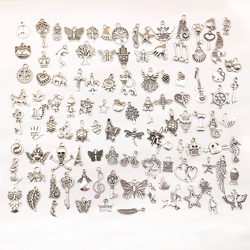 Handmade materials diy earrings, necklaces, bracelets, keychains, jewelry accessories, mixed styles, 100 pcs silver pendants
Handmade materials diy earrings, necklaces, bracelets, keychains, jewelry accessories, mixed styles, 100 pcs silver pendants