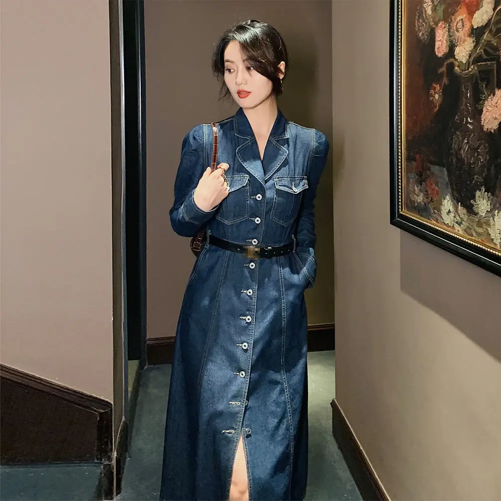 2021 Autumn Women Denim Dress Turn-down Collar Empire Casual Single Breasted Long Sleeve Solid Denim Long Vestido
2021 Autumn Women Denim Dress Turn-down Collar Empire Casual Single Breasted Long Sleeve Solid Denim Long Vestido