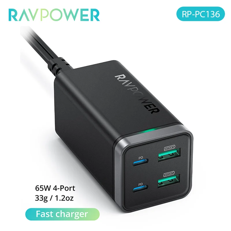 Зарядное устройство RAVPower сетевое с 4 USB-портами 65 Вт 2 USB-порта | Мобильные телефоны