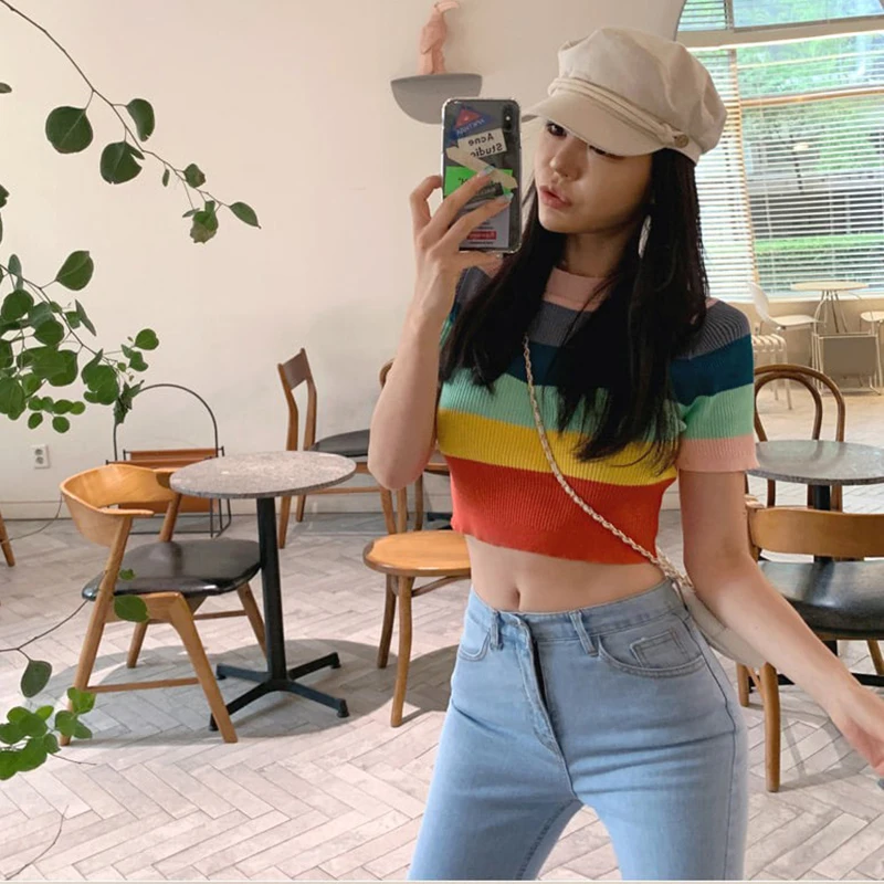 Render unlined upper garment to coat the super fire rainbow stripe T-shirt female ins web celebrity in new color red joker knitt
Render unlined upper garment to coat the super fire rainbow stripe T-shirt female ins web celebrity in new color red joker knitt