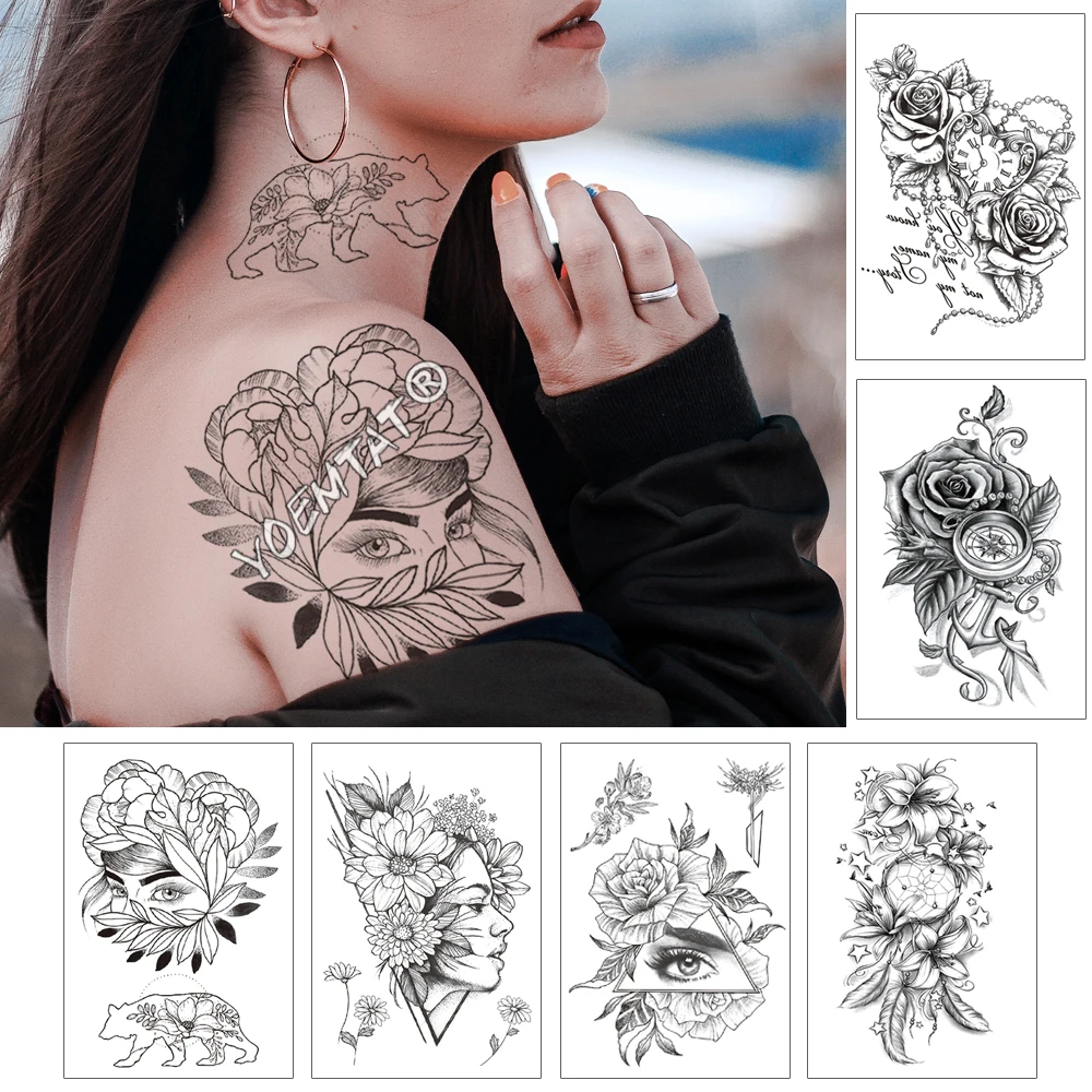 Girl In The Flower With Rose Cornflower Waterproof Temporary Tattoo Sticker Black Tatto Body Art Big Arm Hand Women Fake Tatoo | Красота и