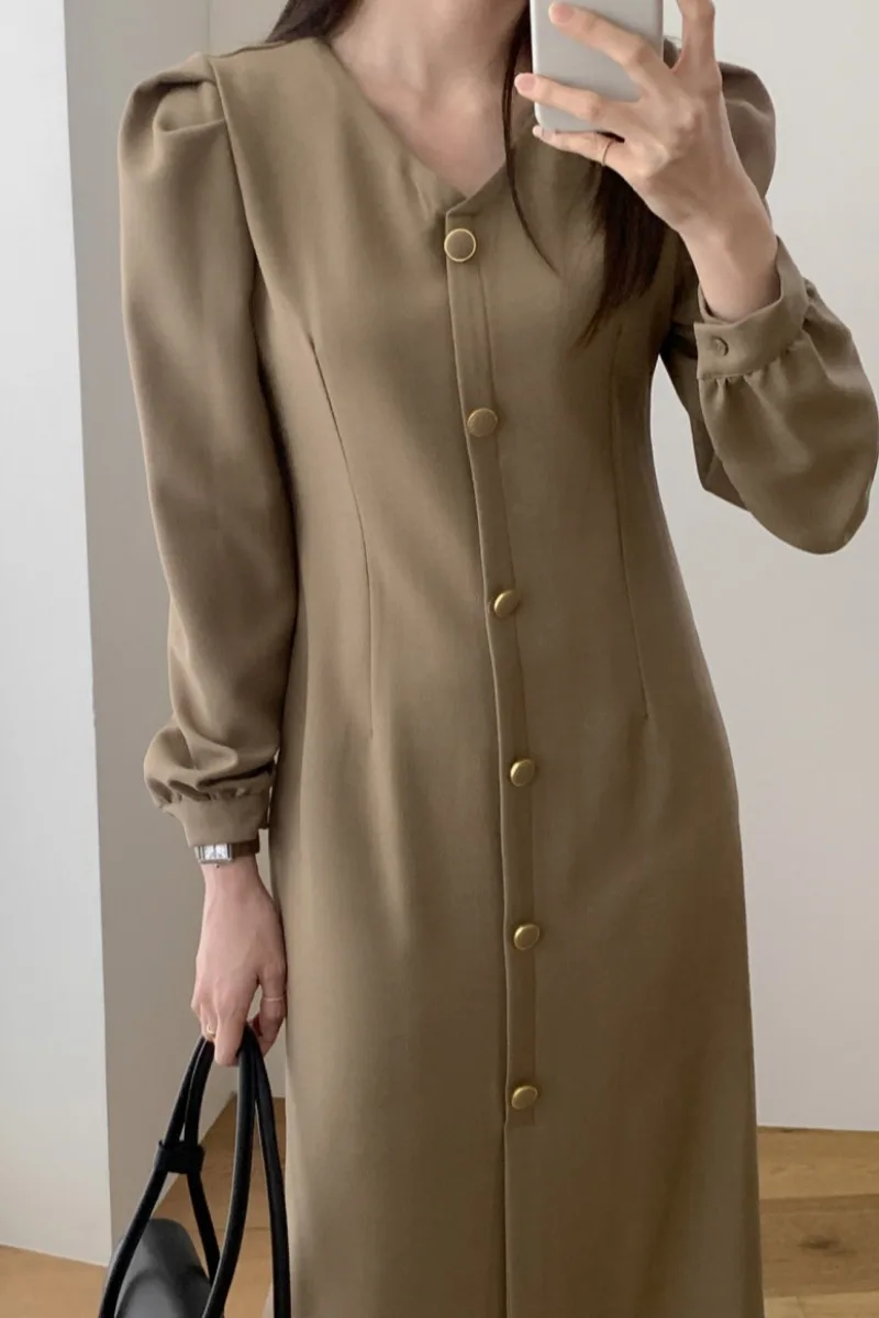 2021 early spring new design puff sleeve dress solid color