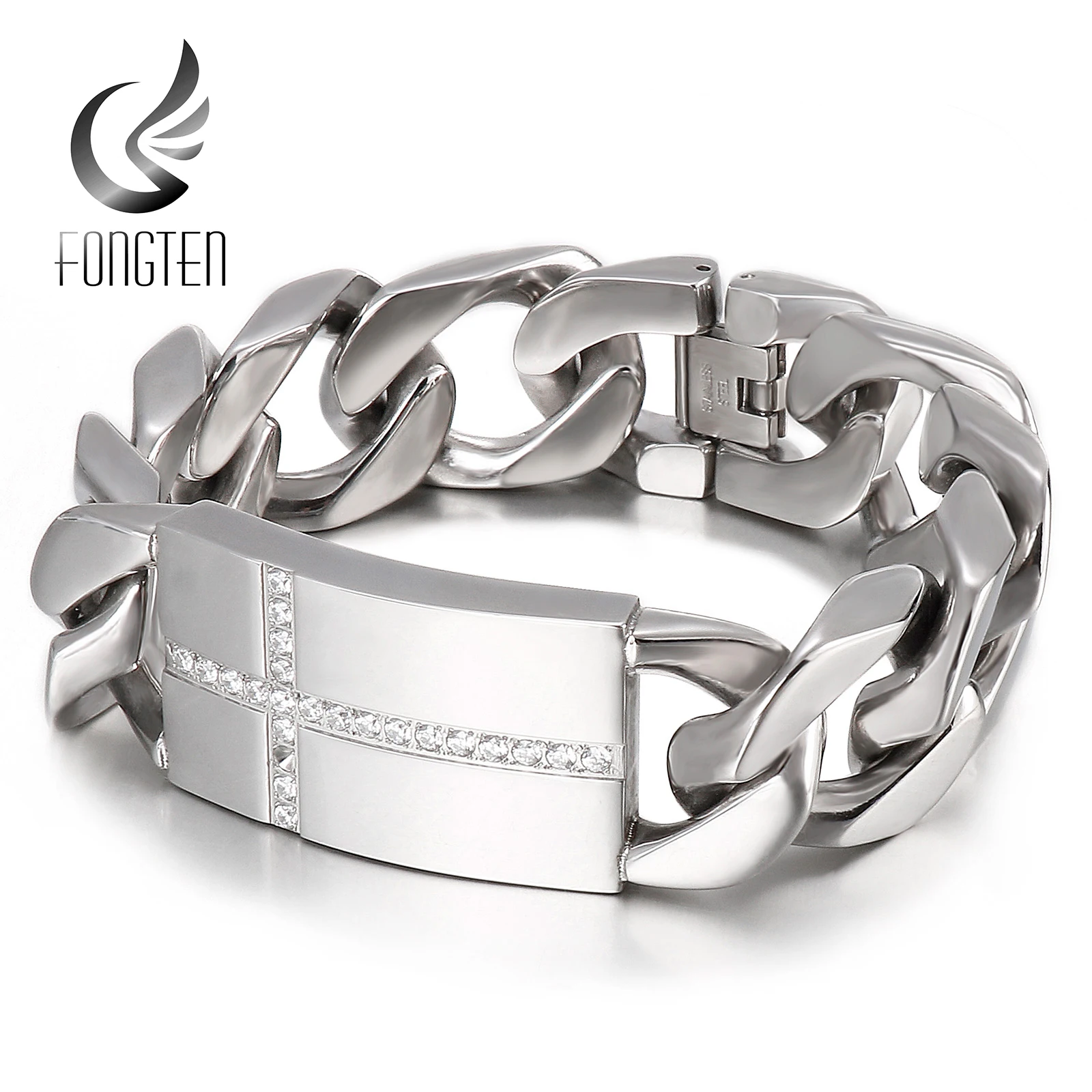 Тяжелая кубинская цепочка Fongten, циркониевый Шарм, мужской браслет, полированная нержавеющая сталь, панк-рок, модные ювелирные аксессуары