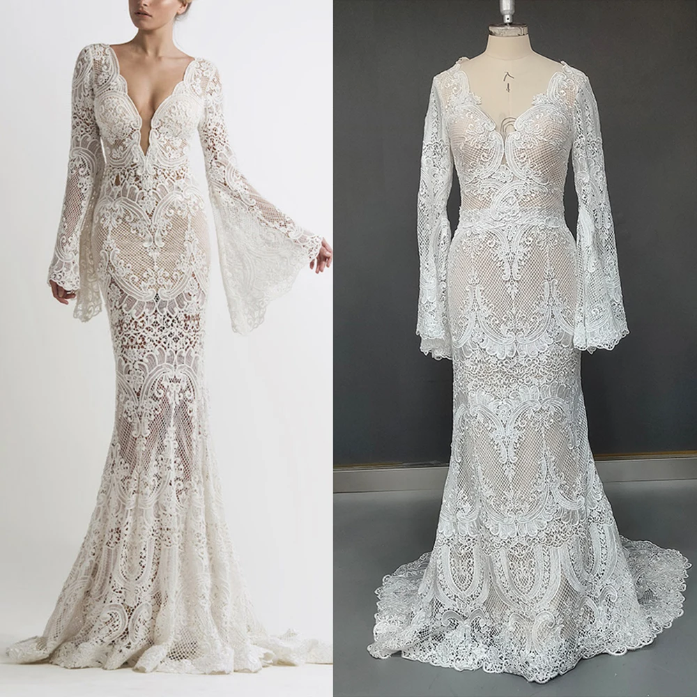 Cutout Lace Boho Long Batwing Sleeves Wedding Dress Custom Made Plus Size Mermaid V-Neck Sexy Flattering Open Back Bridal Gown
Cutout Lace Boho Long Batwing Sleeves Wedding Dress Custom Made Plus Size Mermaid V-Neck Sexy Flattering Open Back Bridal Gown