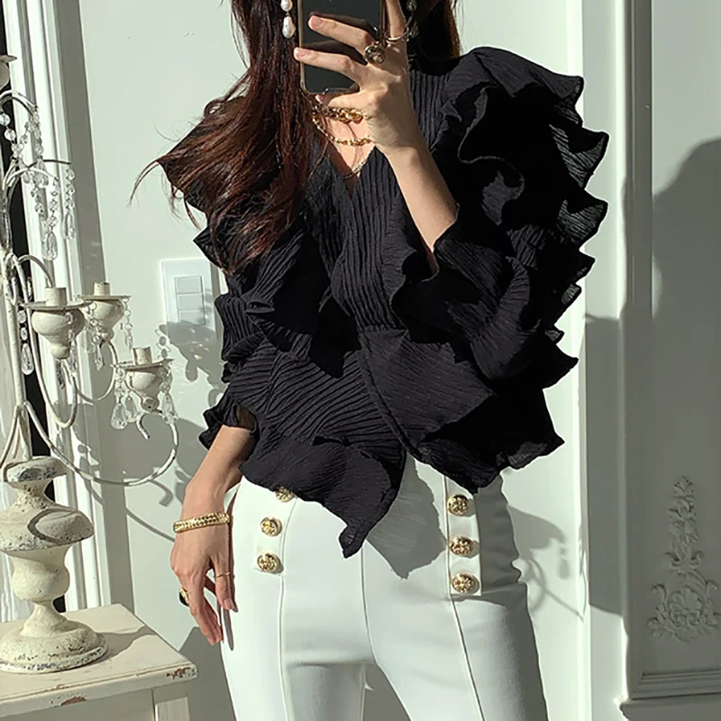 SHENGPALAE Chic Elagent Blouse Women's Spring 2021 New V-neck Slim Pleated Ruffle Stitching Flared Sleeve Shirt Female 5B484
SHENGPALAE Chic Elagent Blouse Women's Spring 2021 New V-neck Slim Pleated Ruffle Stitching Flared Sleeve Shirt Female 5B484