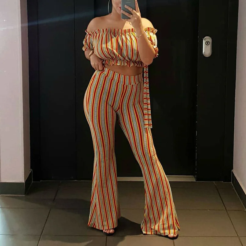 2020 Summer Women Two Piece Sets Short Tops Long Flare Pants Slash Neck Orange Striped High Waist Ladies Street Clothes Set | Женская