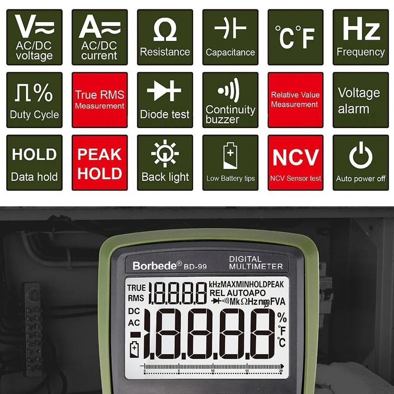 Borbede Bd-99 Digital Multimeter 20000 Counts Auto Range Dc Ac Resistance Capacitance Peak Hold True Rms Ncv Diode Tester
Borbede Bd-99 Digital Multimeter 20000 Counts Auto Range Dc Ac Resistance Capacitance Peak Hold True Rms Ncv Diode Tester