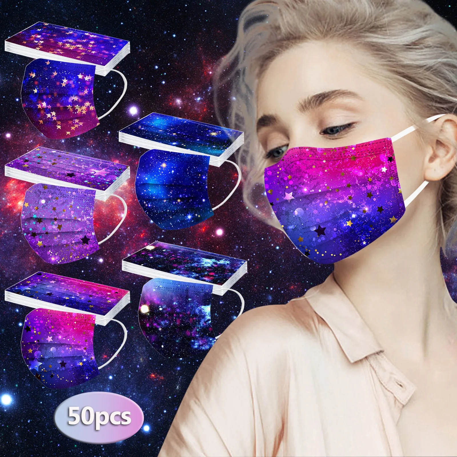 Gradient Starry Sky Disposable Face Mask For Women Men Windproof Protective Mascarillas 3 Layers Nonwoven Mouth Cap 50pcs
Gradient Starry Sky Disposable Face Mask For Women Men Windproof Protective Mascarillas 3 Layers Nonwoven Mouth Cap 50pcs