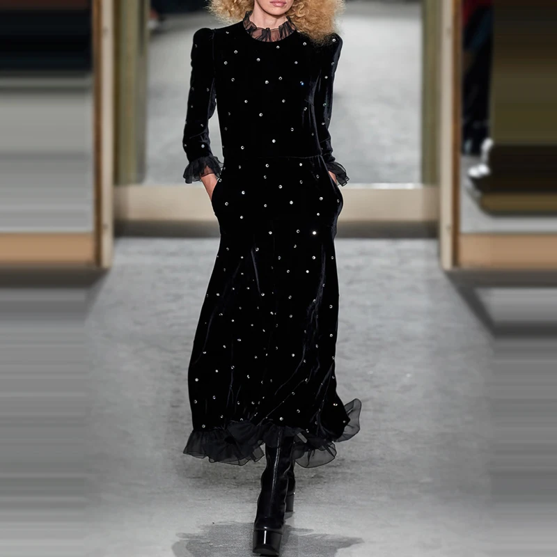 Diamond Designer Velvet Party Dress Women Ruffles O-Neck Long Sleeve Vintage Black Long Midi Dress Loose Pockets Runway D261
Diamond Designer Velvet Party Dress Women Ruffles O-Neck Long Sleeve Vintage Black Long Midi Dress Loose Pockets Runway D261