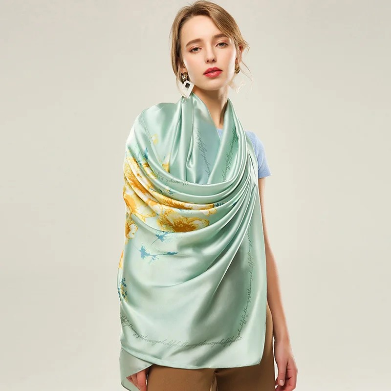 

2021 Women Imitation Silk Scarf Painting Flowers Print Shawls Lady Soft Wraps Female Elegant Headscarf 180x90cm