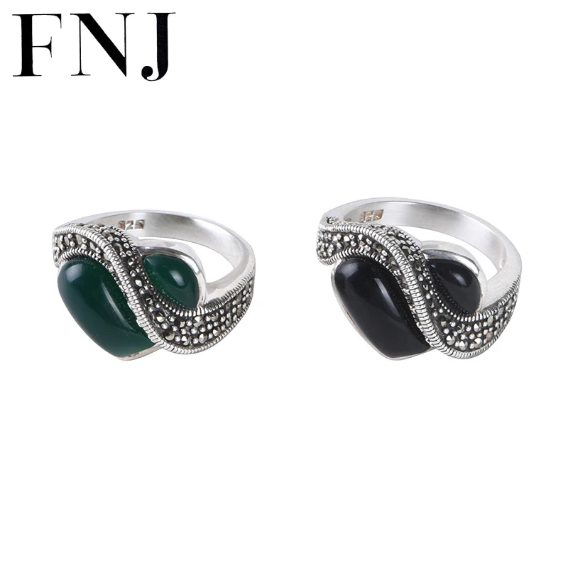 

FNJ Green Black Heart Agate Ring 925 Silver New Original S925 Sterling Silver Rings for Women Jewelry USA size 7-9 MARCASITE