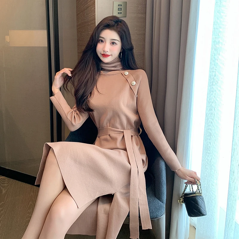 Autumn Winter Turtleneck Women Buttons Sweater Dress Fashion Slim Waist Split Female Knitted Vestidos
Autumn Winter Turtleneck Women Buttons Sweater Dress Fashion Slim Waist Split Female Knitted Vestidos