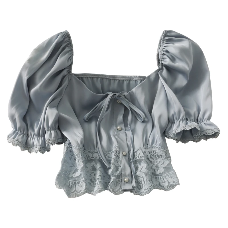 2021 New French Lace Stitching Short Shirt Short-sleeved Women's Summer Lace-up One-shoulder Shirt with Clavicle Short Sleeves
2021 New French Lace Stitching Short Shirt Short-sleeved Women's Summer Lace-up One-shoulder Shirt with Clavicle Short Sleeves