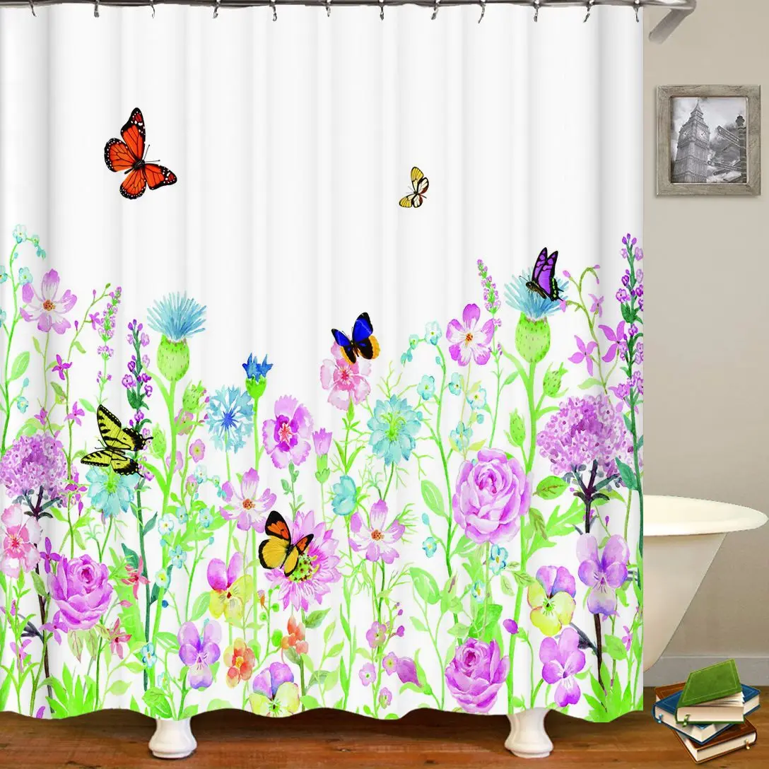 High Quality Colorful Beautiful Flowers Butterfly Print Fabric Shower Curtains Bath Screen Waterproof Bathroom Decor with Hooks
High Quality Colorful Beautiful Flowers Butterfly Print Fabric Shower Curtains Bath Screen Waterproof Bathroom Decor with Hooks