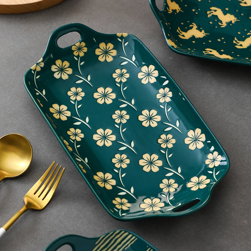 Dark green underglaze color two ears fish plate Japanese style rectangular plate creative household ceramic tableware
Dark green underglaze color two ears fish plate Japanese style rectangular plate creative household ceramic tableware